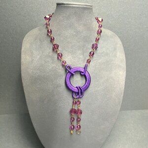 Fabric-Wrapped Ring Necklace 20 In Purple Gold Chain Dangling Beads Retro Chic